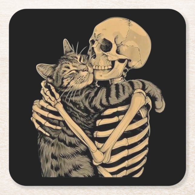 Posavasos Cuadrado De Papel  Skeleton Hugging Cat – Cute Gothic Cat Lover Gift (Anverso)