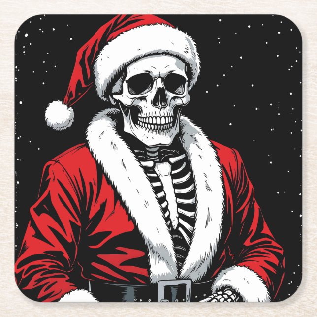 Posavasos Cuadrado De Papel Skeleton Santa (Anverso)