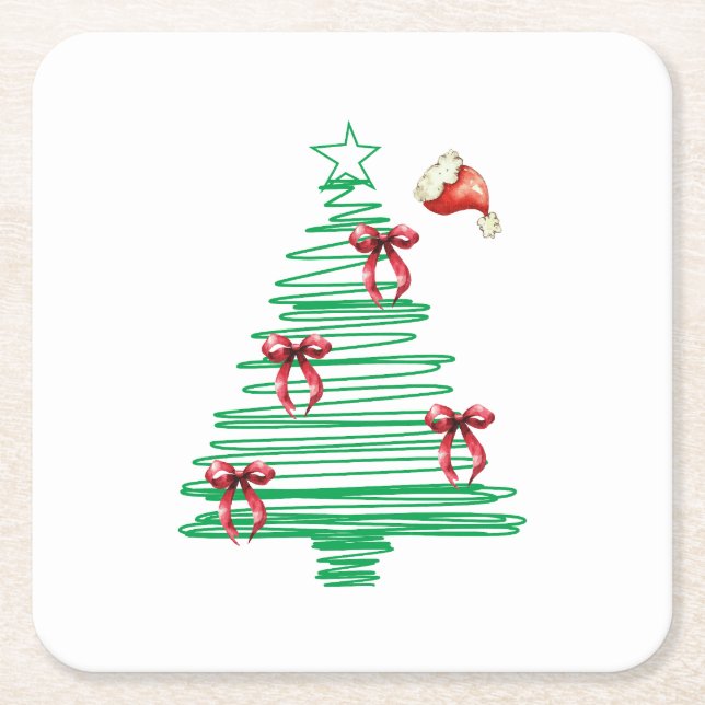 Posavasos Cuadrado De Papel sketchy christmas tree with red bow and santa hat (Anverso)
