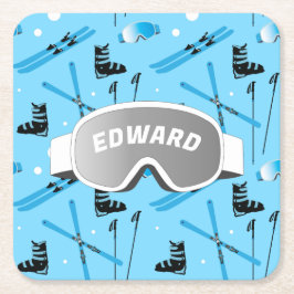 Posavasos Cuadrado De Papel Skier Personalised Skiing Themed Blue Apres Ski