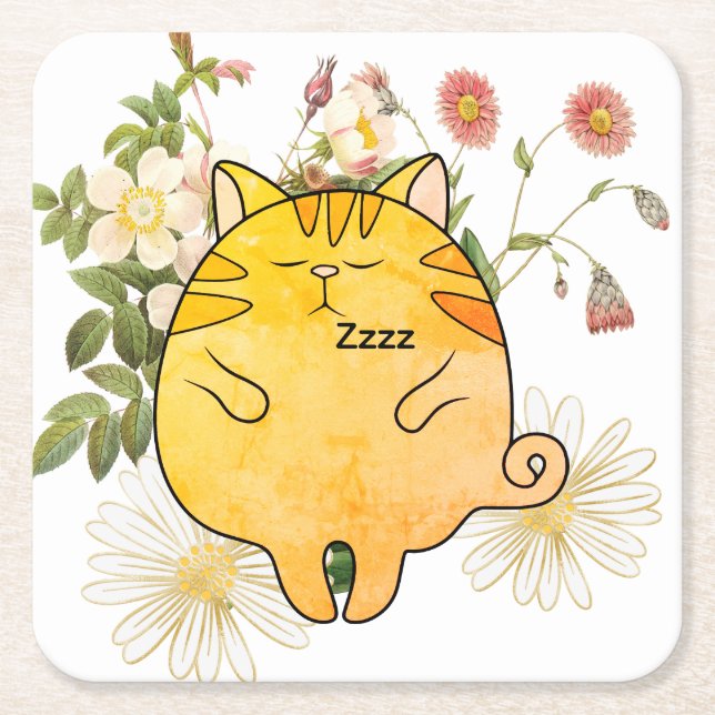 Posavasos Cuadrado De Papel Sleepy Ginger Cat (Anverso)