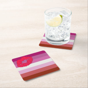 Posavasos Cuadrado De Papel SlipperyJoe lápiz labial bandera de orgullo lésbic