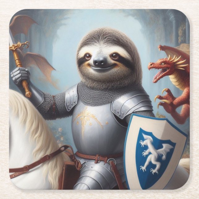 Posavasos Cuadrado De Papel Sloth Knight contra los dragones (Anverso)