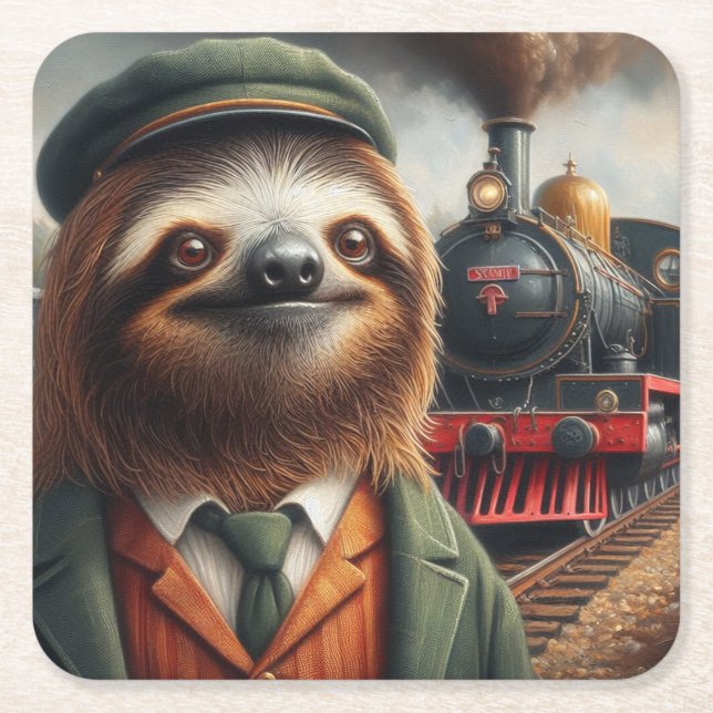 Posavasos Cuadrado De Papel Sloth Train Engineer (Anverso)