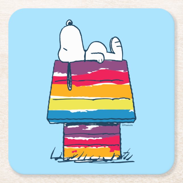Posavasos Cuadrado De Papel Snoopy | Casa de perros arco iris (Anverso)