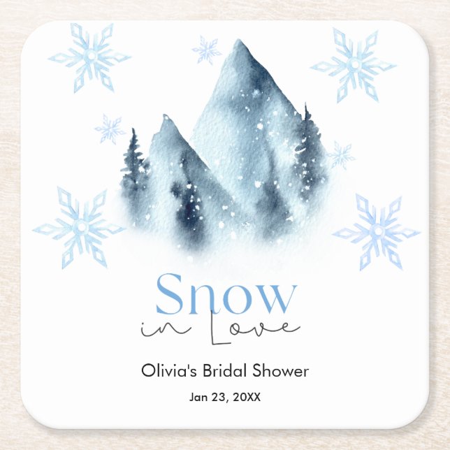 Posavasos Cuadrado De Papel Snow in Love Winter Snowflakes Bridal Shower (Anverso)