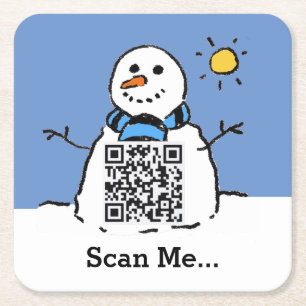 Posavasos Cuadrado De Papel Snowman al sol con código QR
