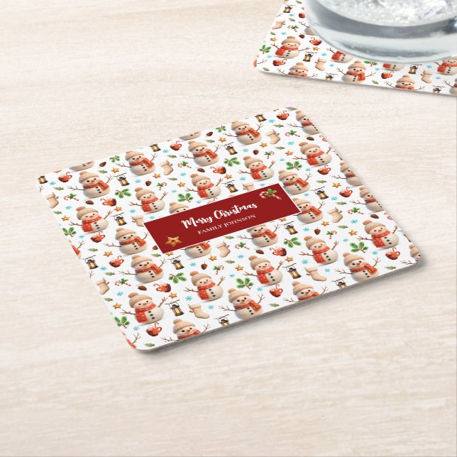 Posavasos Cuadrado De Papel Snowman Winter Holiday - Merry Christmas (En perspectiva)
