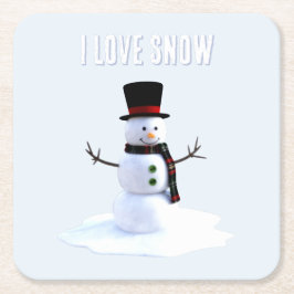 Posavasos Cuadrado De Papel Snowman with hat and scarf. I Love Snow
