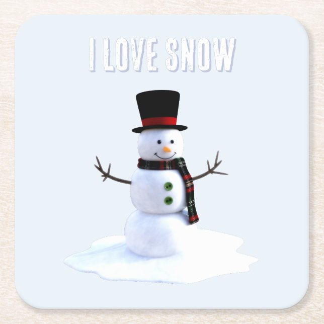 Posavasos Cuadrado De Papel Snowman with hat and scarf. I Love Snow (Anverso)