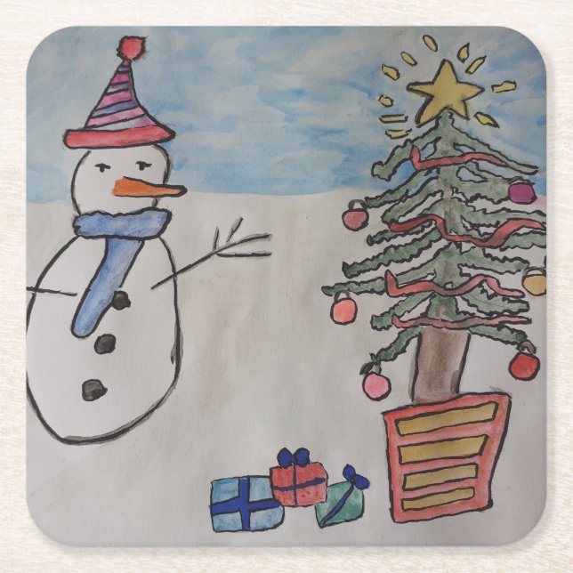 Posavasos Cuadrado De Papel Snowman y Árbol de Navidad (Anverso)