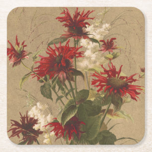 Posavasos Cuadrado De Papel Sofisticada floral roja y borgoñona contra beige