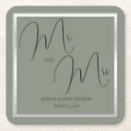Posavasos Cuadrado De Papel Sofisticado Boda Sage & Silver