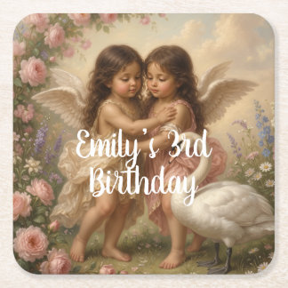 Posavasos Cuadrado De Papel soft angel cherub girls’ birthday ||
