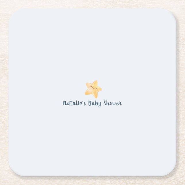 Posavasos Cuadrado De Papel Soft Blue Sky Star Minimal Baby Boy Shower (Anverso)