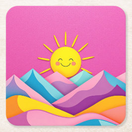 Posavasos Cuadrado De Papel Sol Acondicionado En Montañas Pink Square Coaster 