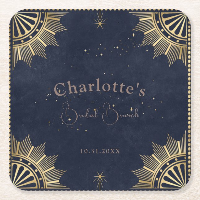 Posavasos Cuadrado De Papel Sol celeste oscuro y ducha de brunch nupcial lunar (Anverso)