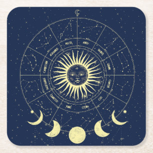 Posavasos Cuadrado De Papel Sol Celestial Fases de la Luna Zodiaco