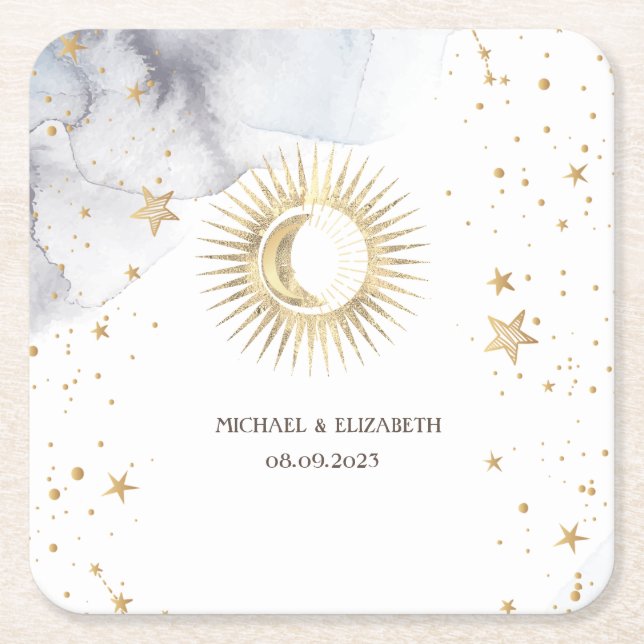 Posavasos Cuadrado De Papel Sol Celestial, Luna, Estrellas (Anverso)