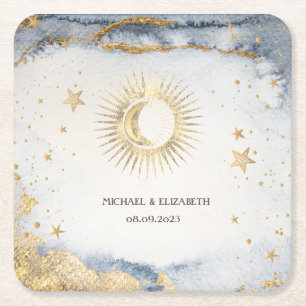 Posavasos Cuadrado De Papel Sol Celestial, Luna, Estrellas Acuarela