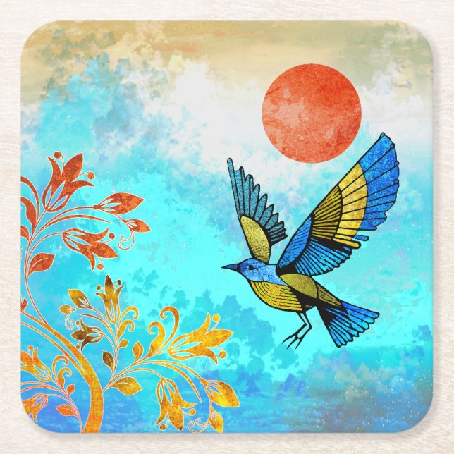 Posavasos Cuadrado De Papel Sol de árbol de aves (Anverso)