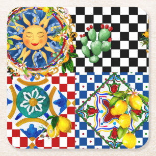 Posavasos Cuadrado De Papel Sol siciliano, limón, azulejos mediterráneos,