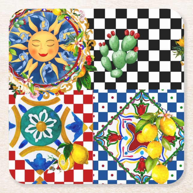Posavasos Cuadrado De Papel Sol siciliano, limón, azulejos mediterráneos, (Anverso)