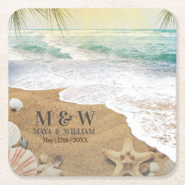 Posavasos Cuadrado De Papel Soleado Elegante Y Playa De Océano Azul