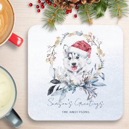 Posavasos Cuadrado De Papel Sombrero de Santa Husky Navidad Personalizada