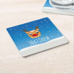 Posavasos Cuadrado De Papel Sonriente nevada de reno azul personalizado