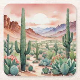 Posavasos Cuadrado De Papel Southwest Desert Cactus Scene