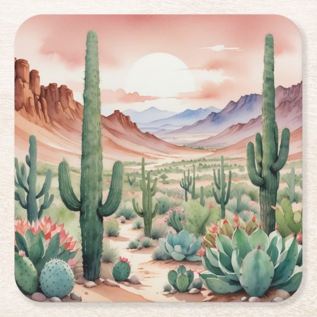 Posavasos Cuadrado De Papel Southwest Desert Cactus Scene  (Anverso)