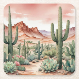 Posavasos Cuadrado De Papel Southwest Desert Cactus Scene