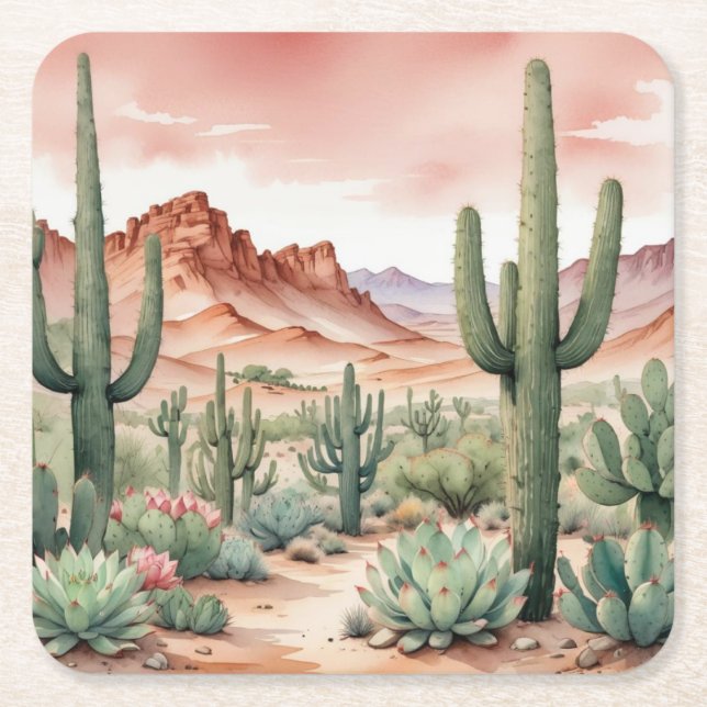 Posavasos Cuadrado De Papel Southwest Desert Cactus Scene  (Anverso)