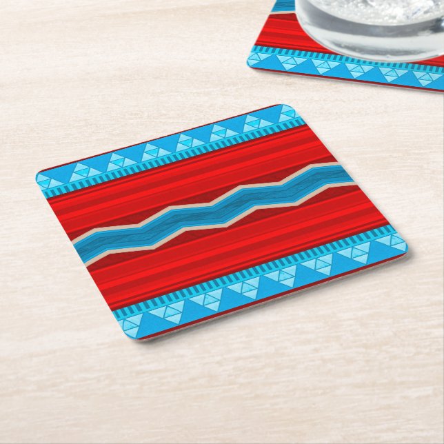 Posavasos Cuadrado De Papel Southwest River Canyon Geometric Red Turquoise  (En perspectiva)
