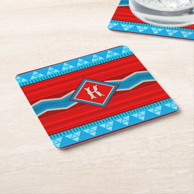 Posavasos Cuadrado De Papel Southwest River Canyon Red Turquoise Monogrammed (En perspectiva)