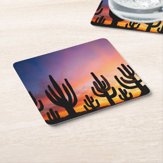 Posavasos Cuadrado De Papel Southwestern Desert Landscape Cactus Sunrise Image (En perspectiva)