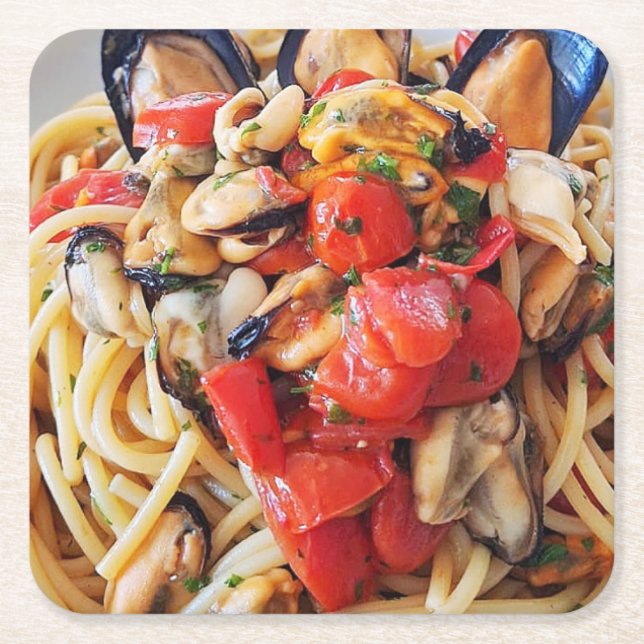 Posavasos Cuadrado De Papel Spaghetti con la montaña rusa de comida (Anverso)