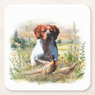 Posavasos Cuadrado De Papel Spaniel de Bretaña - Campo, Enfoque, Faisán, Arte