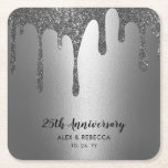 Posavasos Cuadrado De Papel Sparkling Metallic Silver Drips 25 Aniversario S<br><div class="desc">Espléndidas gotas metálicas de plata en 25 años</div>