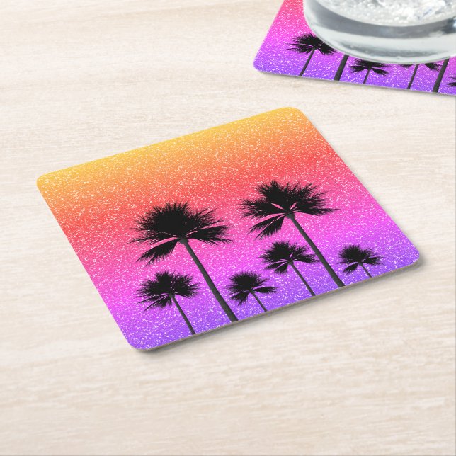 Posavasos Cuadrado De Papel Sparkly Palm Trees Gradient Sunset  (En perspectiva)