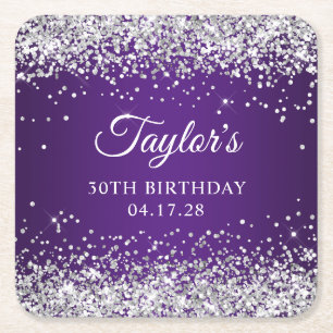 Posavasos Cuadrado De Papel Sparkly Silver Purpurina Royal Purple 30 cumpleaño
