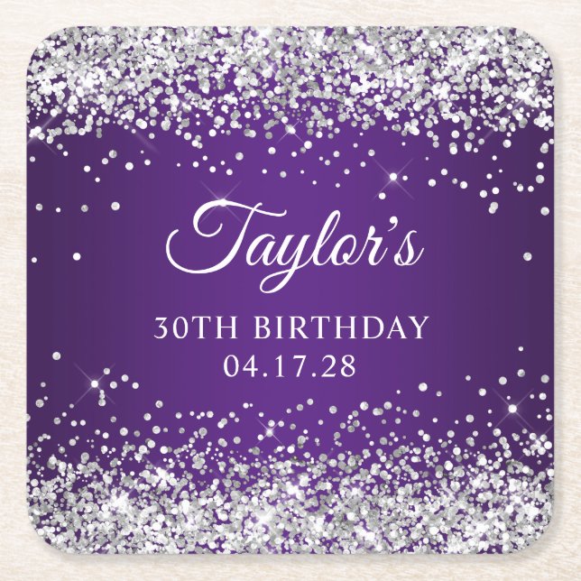 Posavasos Cuadrado De Papel Sparkly Silver Purpurina Royal Purple 30 cumpleaño (Anverso)