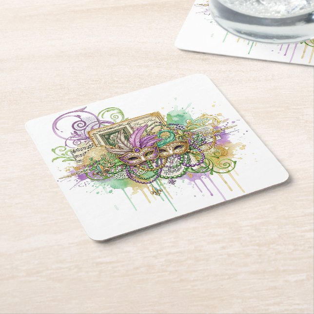 Posavasos Cuadrado De Papel Splatter Mardi Gras collage (En perspectiva)