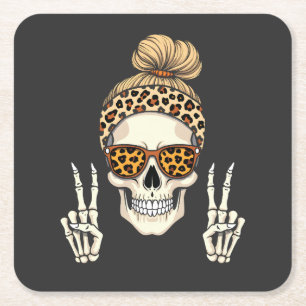 Posavasos Cuadrado De Papel Spookon Skeleton Skull Leopard Halloween Mom