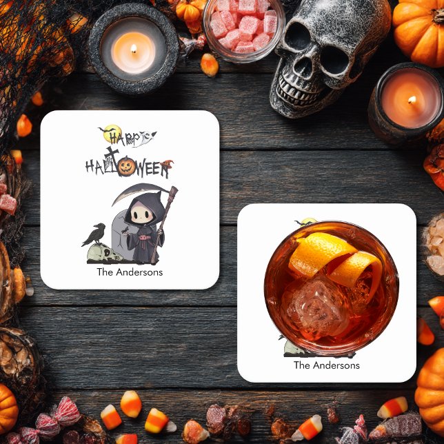 Posavasos Cuadrado De Papel Spooky Grim Reaper Graveyard Niños góticos Hallowe (Subido por el creador)
