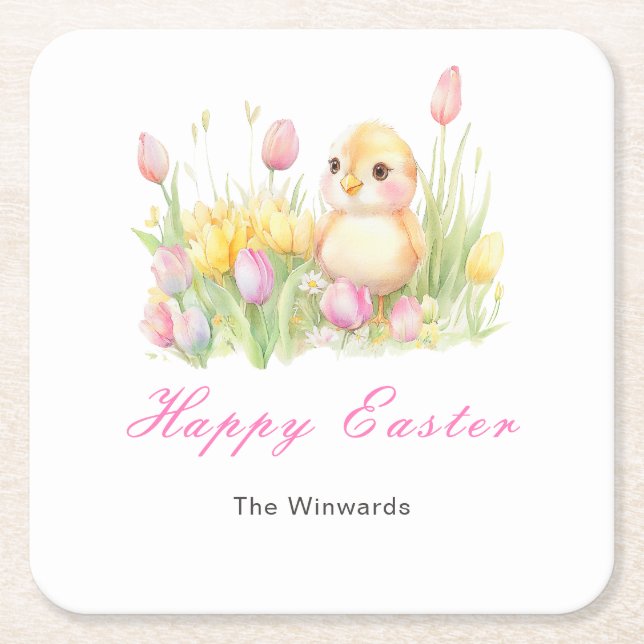 Posavasos Cuadrado De Papel Spring Chick Easter Brunch (Anverso)