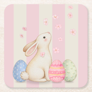 Posavasos Cuadrado De Papel Spring Easter Bunny & Eggs Stripe