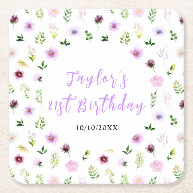 Posavasos Cuadrado De Papel Spring Purple Floral Birthday (Anverso)