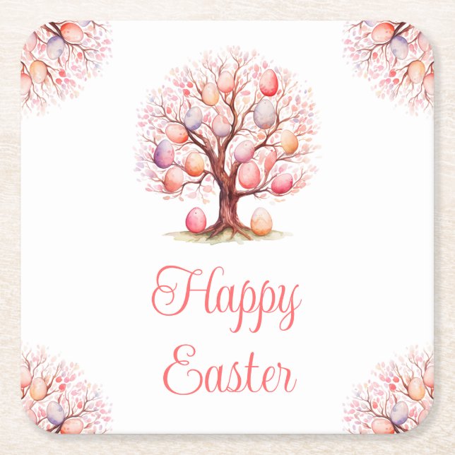 Posavasos Cuadrado De Papel Spring Tree Easter Egg Hunt (Anverso)